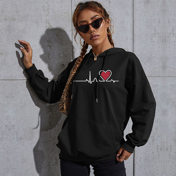 Damen Oversize-Kapuzenpullover mit Herz-EKG‑Print und Kängurutasche Drune