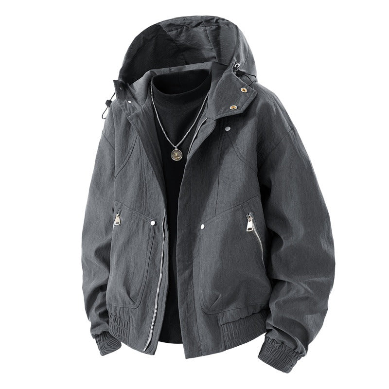 Herren leichte Utility-Kapuzenjacke mit verstaubarer Kapuze, wasserabweisender Beschichtung, Reißverschlusstaschen und elastischen Bündchen Drune