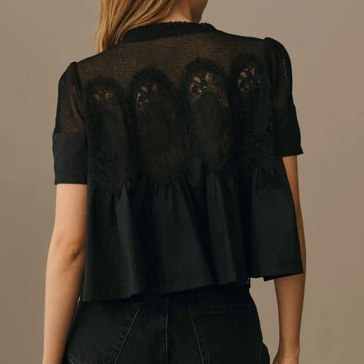 Damen Spitzenblusen-Top mit Stehkragen, Netz-Einsatz und geraffter A-Linien-Silhouette Drune