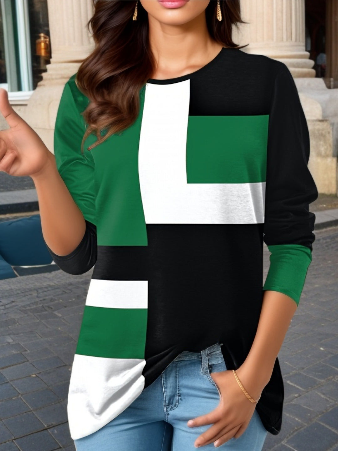 Damen nan geometrisches Colorblock Longsleeve-Tunika-Oberteil mit Rundhalsausschnitt und asymmetrischem Saum Drune