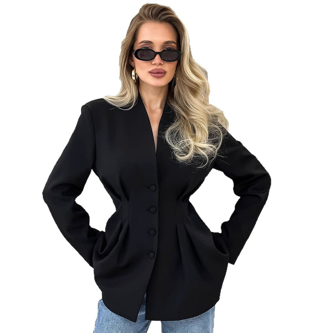 Damen nan figurbetonter Blazer mit Wiener Nähten, bezogenen Knöpfen und taillierter Falten-Silhouette Drune