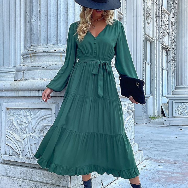 Damen Langes Satin‑Optik Stufenkleid mit V‑Ausschnitt, Bindegürtel und Volantsaum Drune