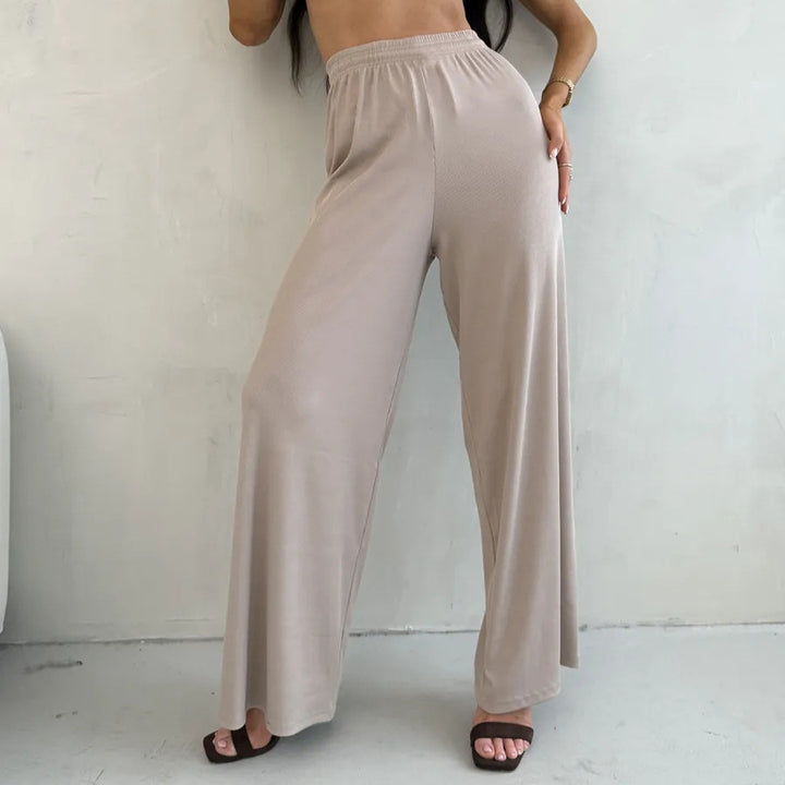 Damen weite High-Waist Palazzo-Hose aus geripptem Jersey mit elastischem Bund Drune
