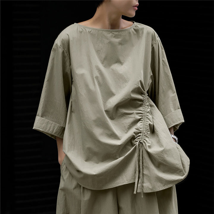 Damen Oversize-Bluse mit seitlicher Kordel‑Raffung, U‑Boot‑Ausschnitt und weiten Ärmeln Drune