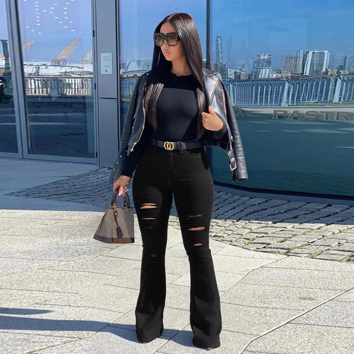 Damen hochtaillierte Flared-Jeans mit Destroyed-Rissen und sculptendem Stretchschnitt Drune