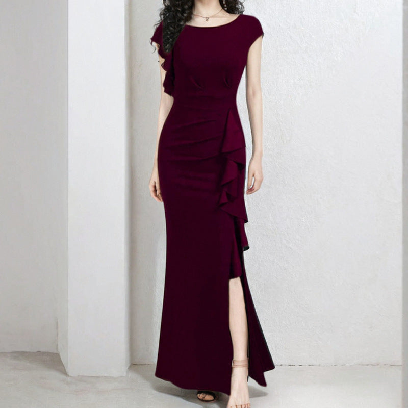 Damen elegantes Maxikleid mit Rüschendetails und seitlichem Schlitz Drune