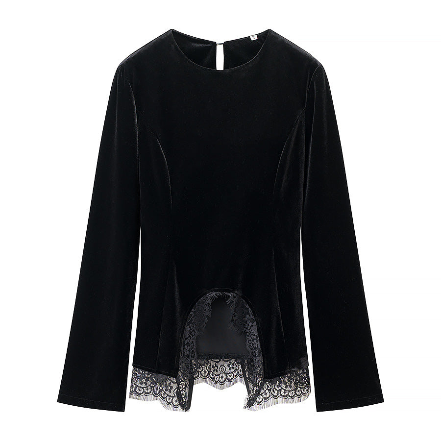 Damen Samtbluse mit Spitzen-Insert und asymmetrischem Spitzensaum Drune