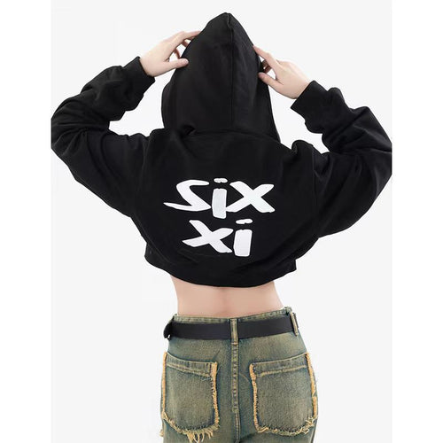 Damen nan cropped Kapuzenpullover im Streetwear-Style mit auffälligem Rückenprint und geripptem Saum Drune
