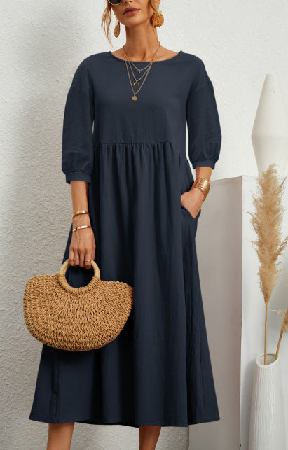 Damen Maxikleid mit eleganter Taillierung und voluminösen Ärmeln Drune