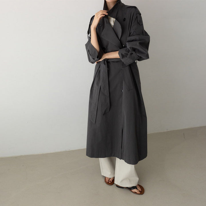 Damen Oversize Maxi-Trenchcoat mit Taillengürtel und doppelter Knopfleiste Drune
