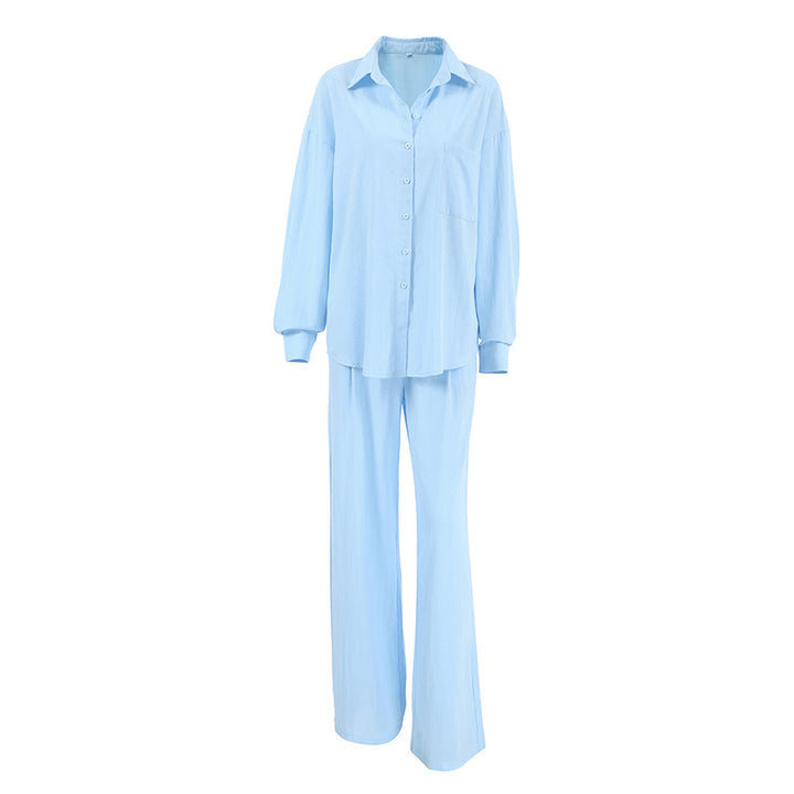 Damen lässige Leinen-Hosenanzug mit übergroßer Hemdbluse und geradem Bein Drune
