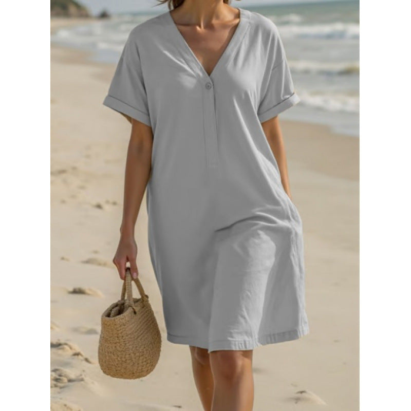Damen Leichtes Sommerkleid mit umschlagenen Ärmeln und praktischer Knopfleiste Drune
