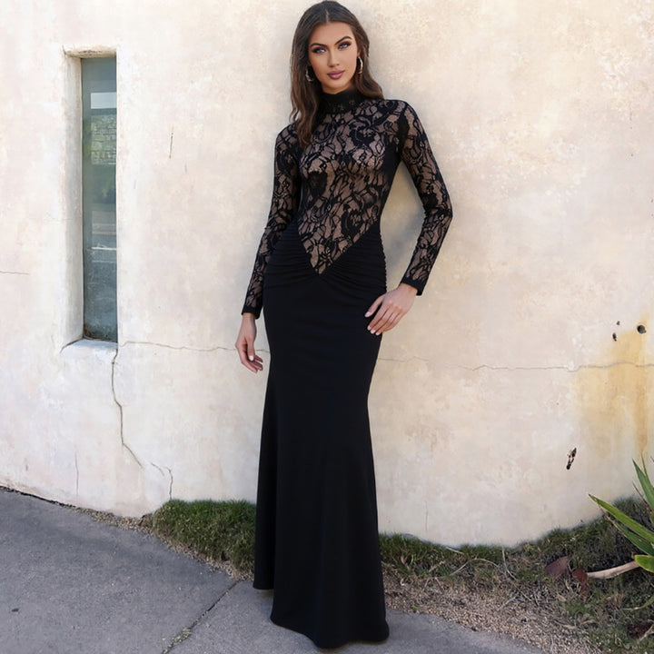 Damen Elegantes Langarm Kleid aus Spitze mit geraffter Silhouette Drune