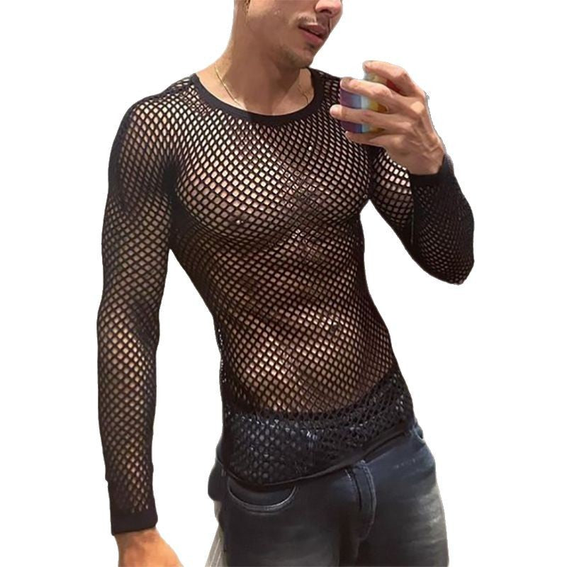 Unisex nan durchscheinendes Diamantnetz-Langarmshirt mit Rundhalsausschnitt Drune
