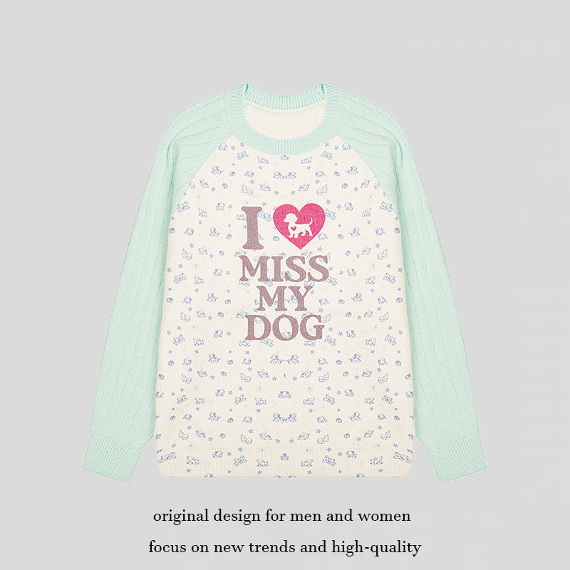 Damen Strickpullover mit Raglanärmeln, Allover-Hundemotiv und Statement-Print Drune