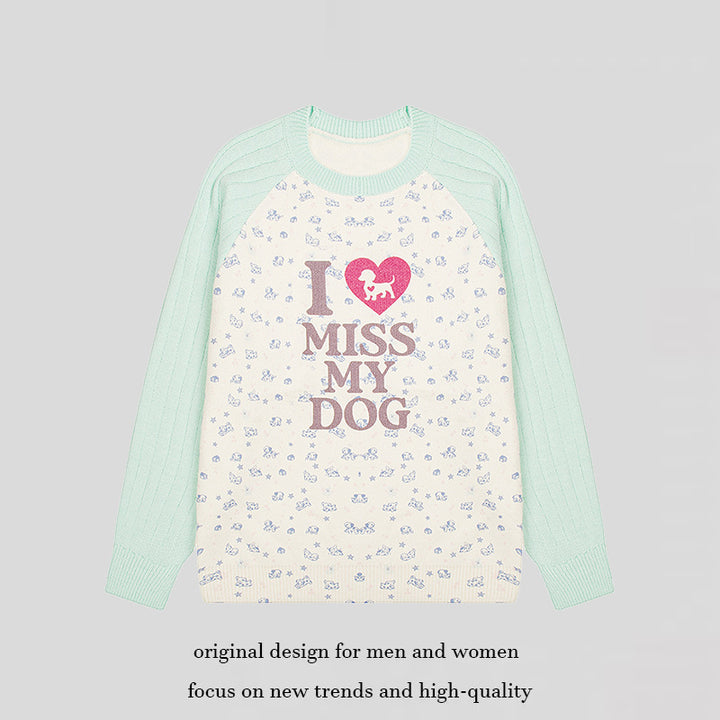 Damen Strickpullover mit Raglanärmeln, Allover-Hundemotiv und Statement-Print Drune