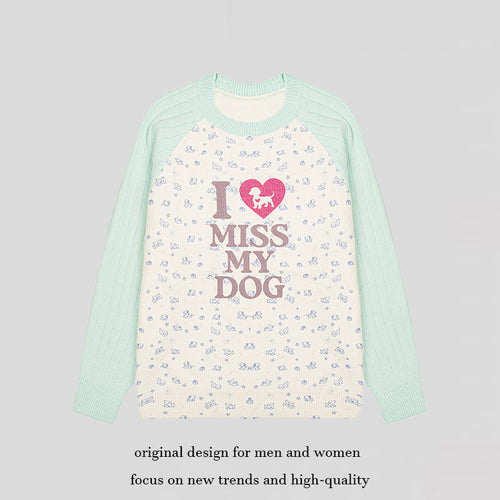Damen Strickpullover mit Raglanärmeln, Allover-Hundemotiv und Statement-Print Drune