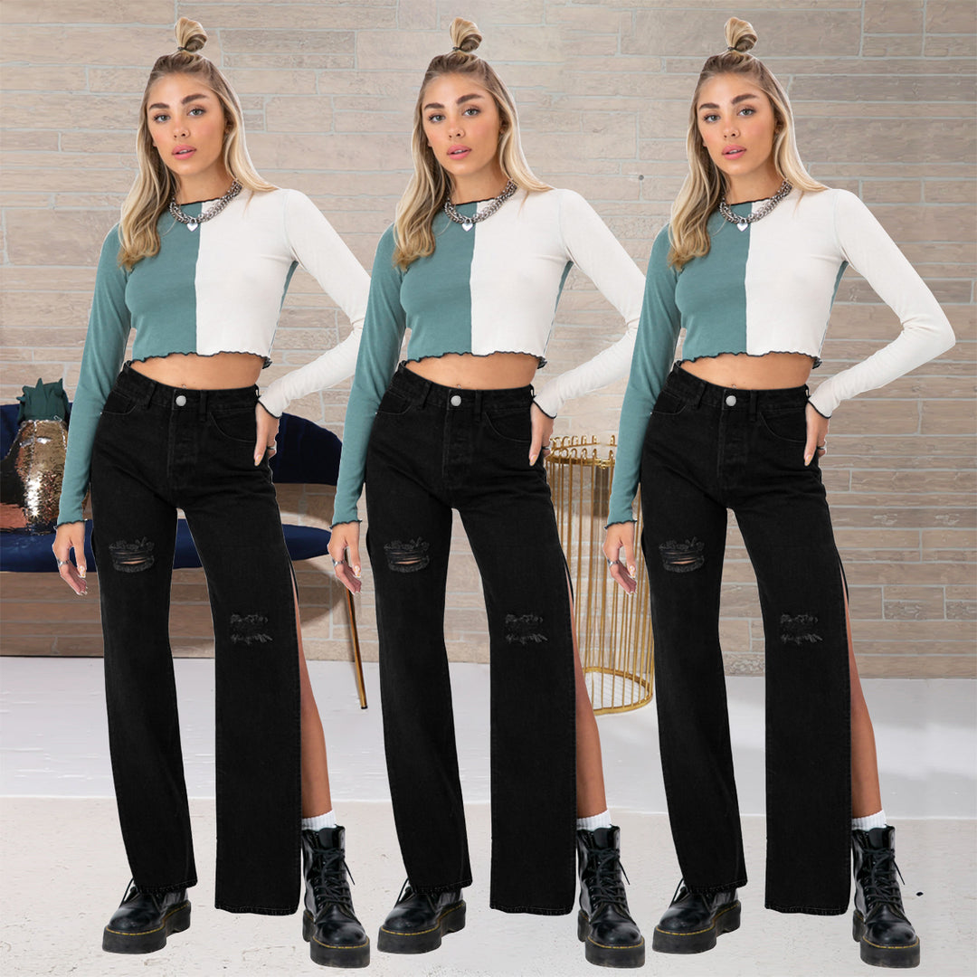 Damen hochgeschnittene Straight-Jeans mit seitlichem Beinschlitz und dezenten Rissen Drune