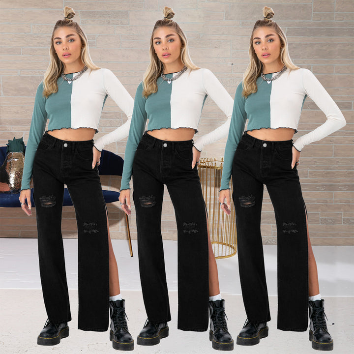 Damen hochgeschnittene Straight-Jeans mit seitlichem Beinschlitz und dezenten Rissen Drune