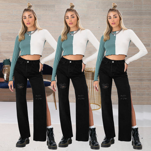 Damen hochgeschnittene Straight-Jeans mit seitlichem Beinschlitz und dezenten Rissen Drune