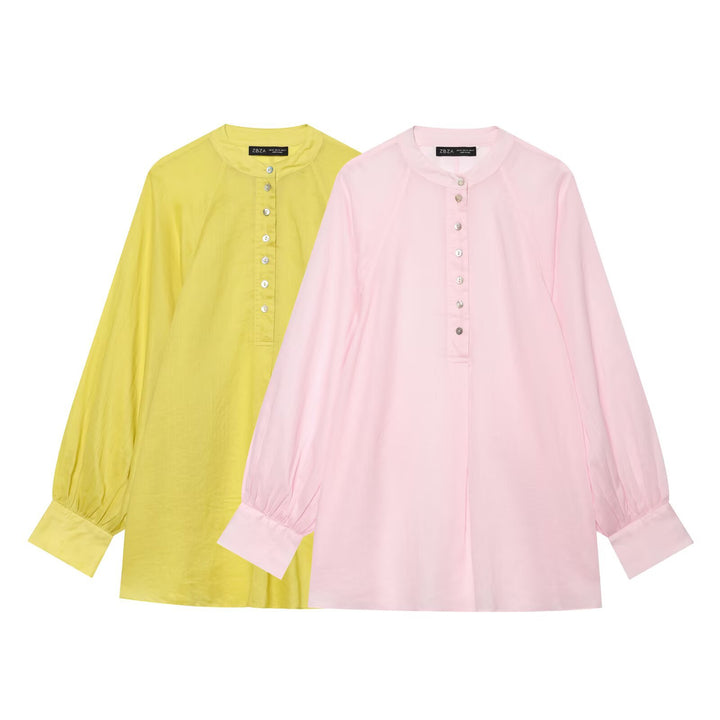 Damen Oversize-Bluse mit Stehkragen, durchgehender Knopfleiste und ballonärmeln Drune