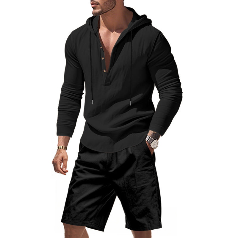 Herren nan Kapuzen-Henley-Loungewear-Set mit Leinenoptik, Kordelzug und elastischer Tunnelzugshorts Drune