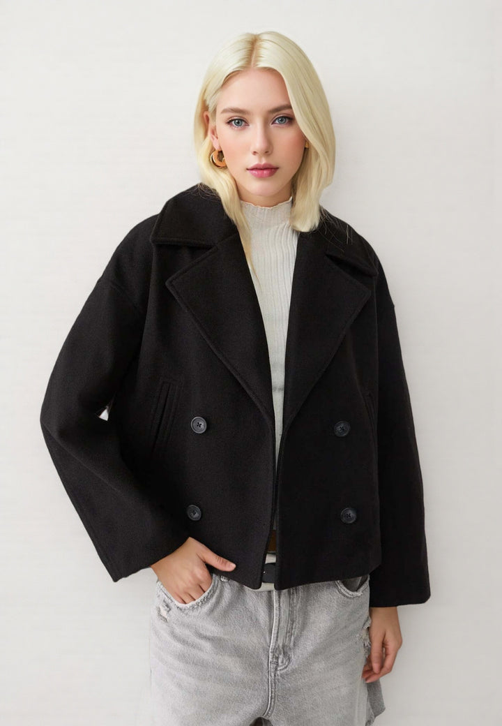 Damen Kurzer Doppelreihiger Wollmix-Mantel mit Oversize-Revers Drune
