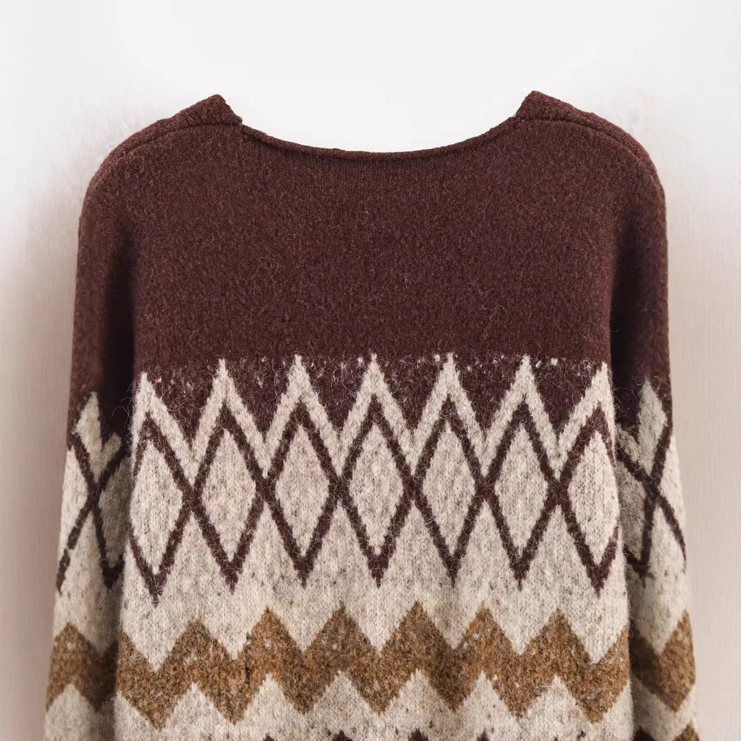 Damen nan Oversize Strickcardigan mit Norweger‑Muster, V‑Ausschnitt, Knopfleiste und Taillenbindegürtel Drune