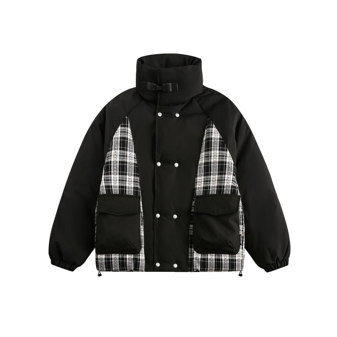 Unisex Oversize Stehkragen‑Pufferjacke mit karierter Einsatz‑Panel und Utility‑Taschen Drune