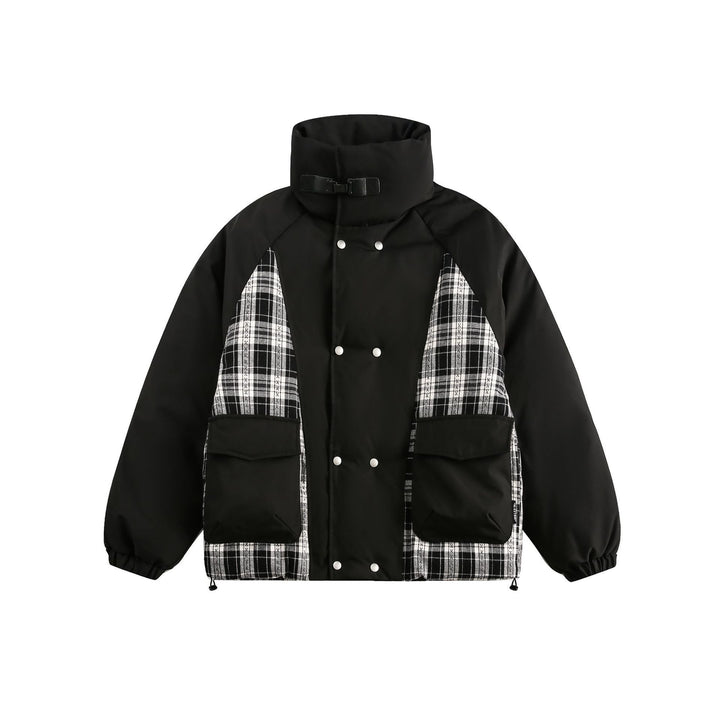 Unisex Oversize Stehkragen‑Pufferjacke mit karierter Einsatz‑Panel und Utility‑Taschen Drune