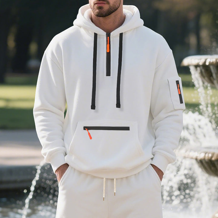 Herren Oversize-Kapuzenpullover mit halbem Reißverschluss, Kängurutasche mit Reißverschluss und Ärmel-Pocket Drune