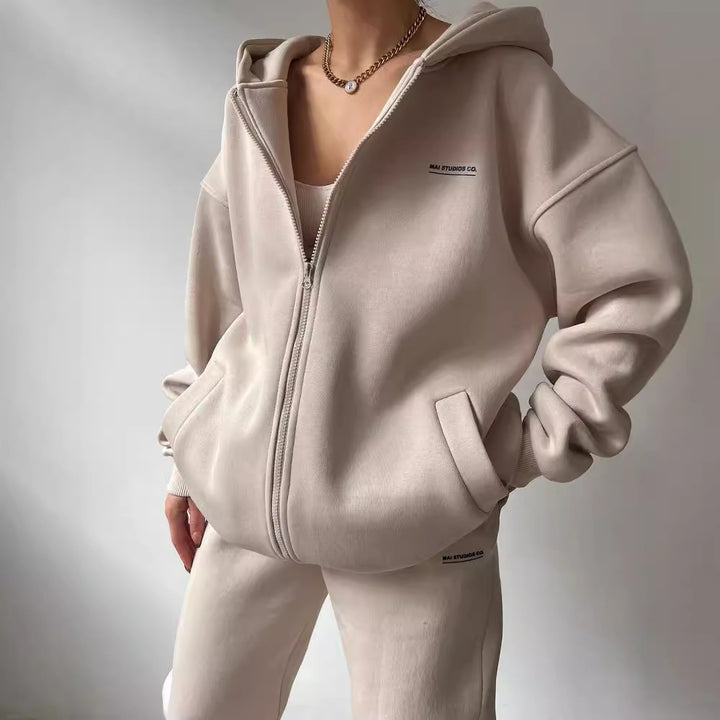 Damen lässiger und bequemer Kapuzenpullover mit Reißverschluss und Jogginghose-Set Drune