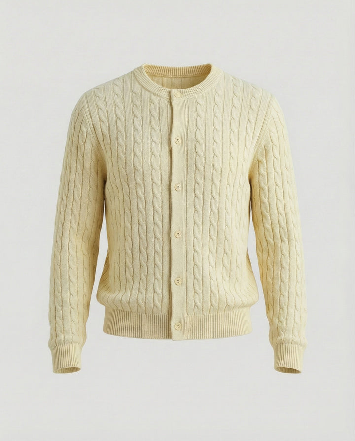 Damen kurzes Zopfmuster-Cardigan mit Rundhalsausschnitt und minimalistischer Knopfleiste Drune