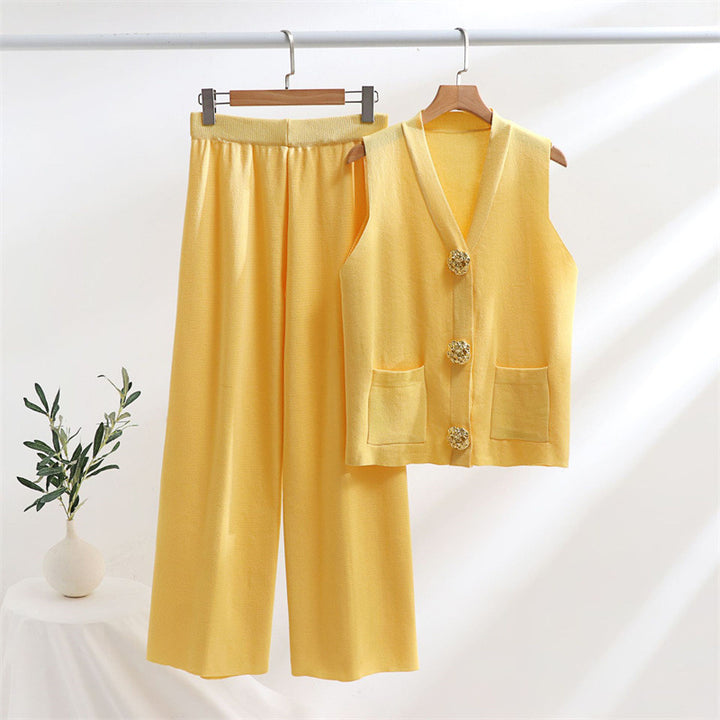Damen elegantes Strick-Loungewear-Set mit Knopfdetaillierung Drune