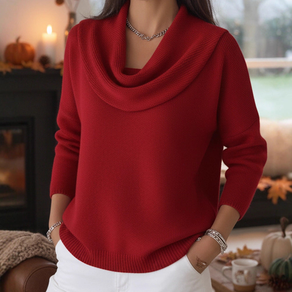 Damen Lässiger Schalkragen-Feinstrickpullover mit überschnittener Schulter und geripptem Saum Drune
