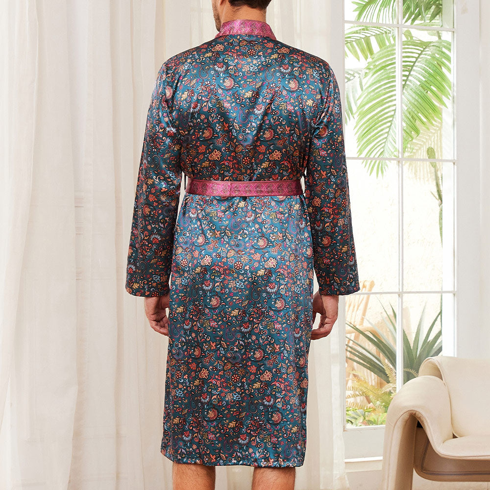 Herren Satin Morgenmantel mit auffälligem Muster und Taillengürtel Drune