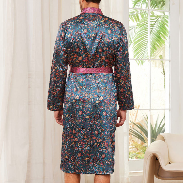 Herren Satin Morgenmantel mit auffälligem Muster und Taillengürtel Drune