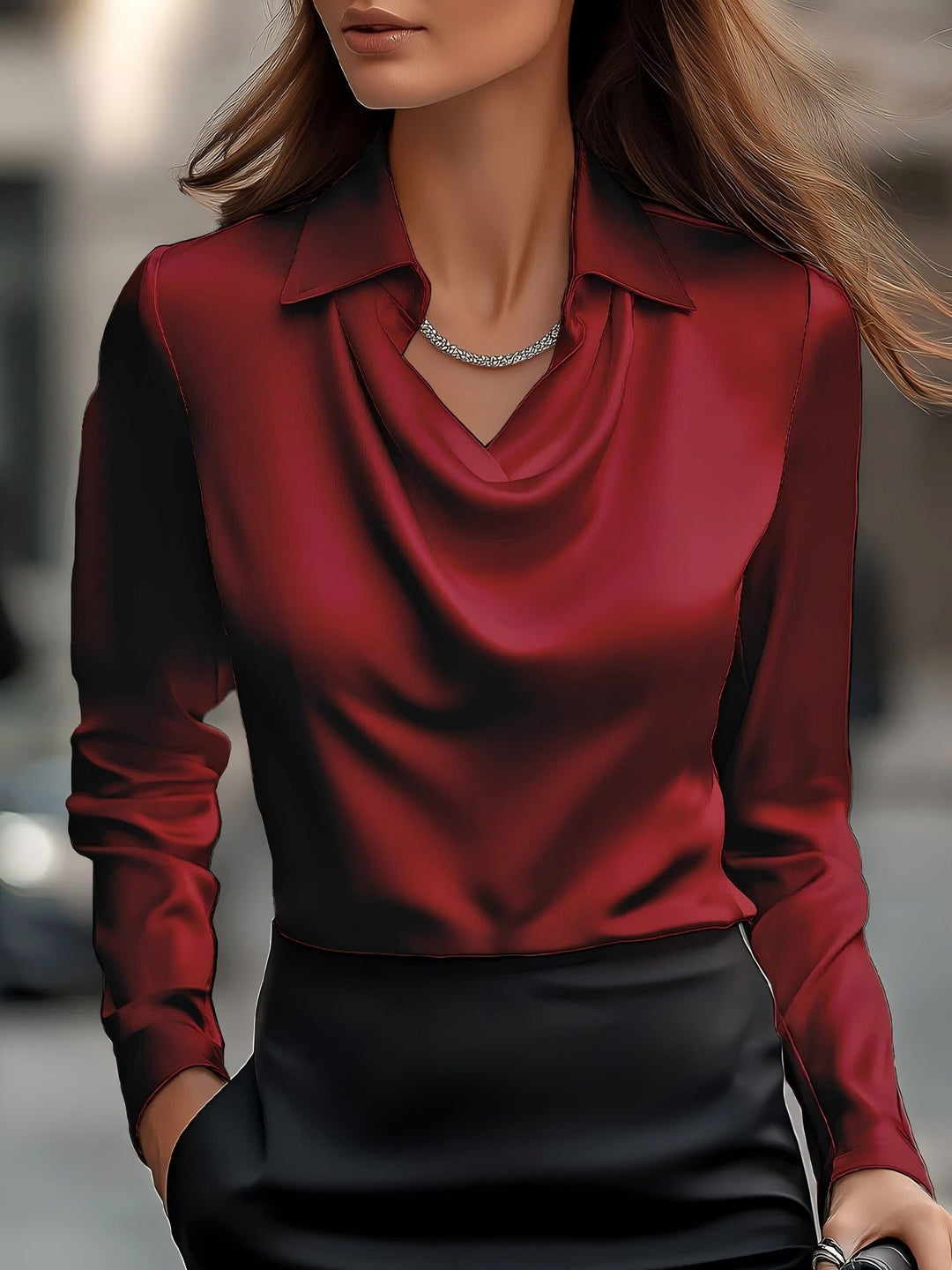 Damen Elegante Bluse mit asymmetrischem Kragen und fließendem Fall Drune