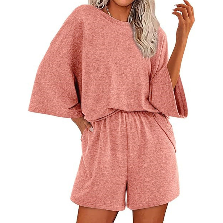 Damen Oversized Fledermaus Kurzarm Lounge Oberteil und Shorts Set mit Elastischem Bund Drune