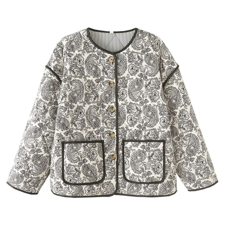 Damen nan gesteppte Paisley-Quiltjacke mit Rundhalsausschnitt aufgesetzten Taschen und kontrastierender Paspel Drune