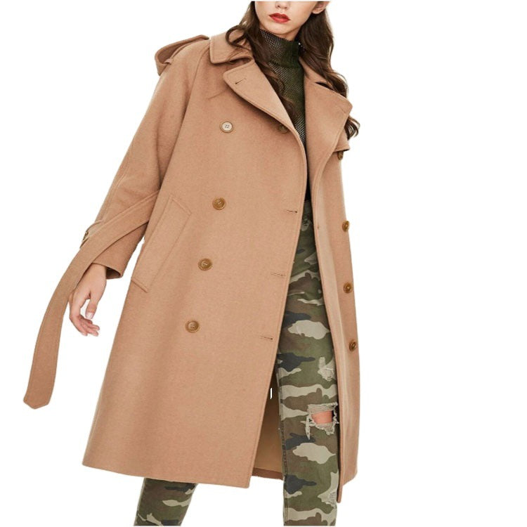 Damen Midilanger Doppelreihiger Wollmix‑Trenchcoat mit Epauletten und Taillengürtel Drune