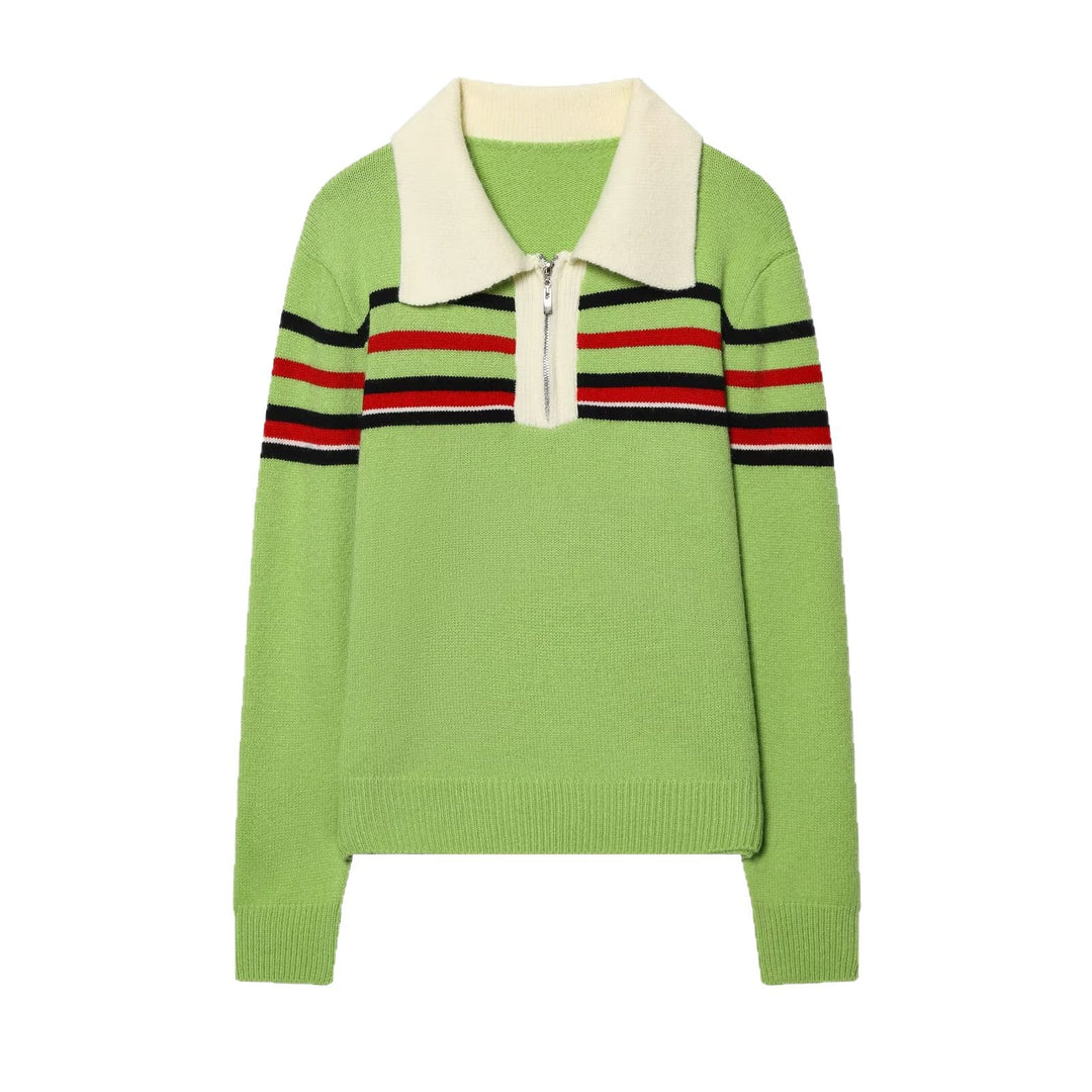 Damen Gestreifter Strickpullover mit halbem Reißverschluss und großem Hemdkragen Drune