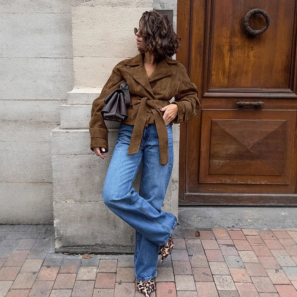 Damen Kurzblouson aus Wildleder‑Look mit Bindegürtel und kastiger Silhouette Drune