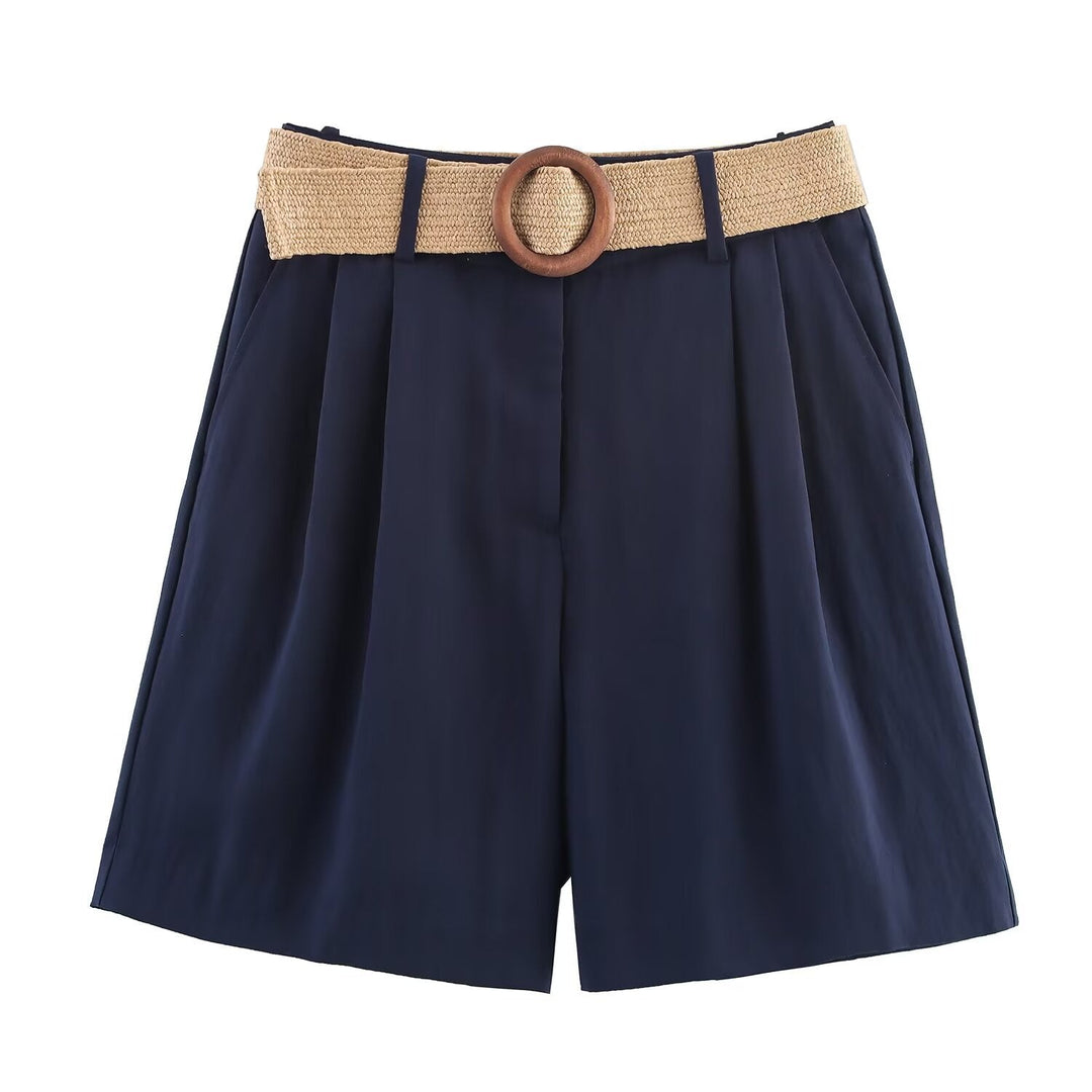 Damen elegante Shorts mit breitem, geflochtenem Gürtel Drune