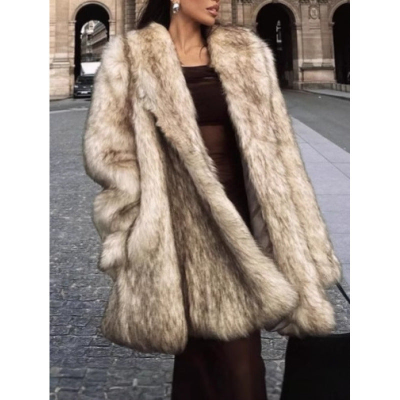 Damen luxuriöser Kunstfellmantel mit breitem Revers und seitlichen Taschen Drune