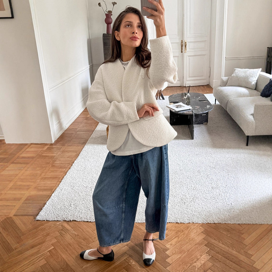 Damen elegante Bouclé-Jacke mit geometrischem Schnitt und überschnittenen Ärmeln Drune