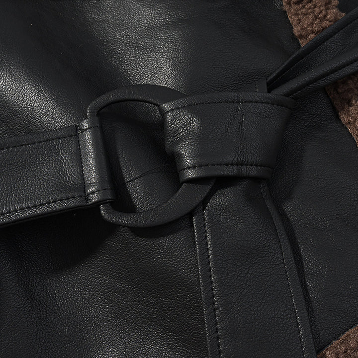 Damen Kunstlederjacke mit kuscheligem Teddyfutter und Bindegürtel Drune