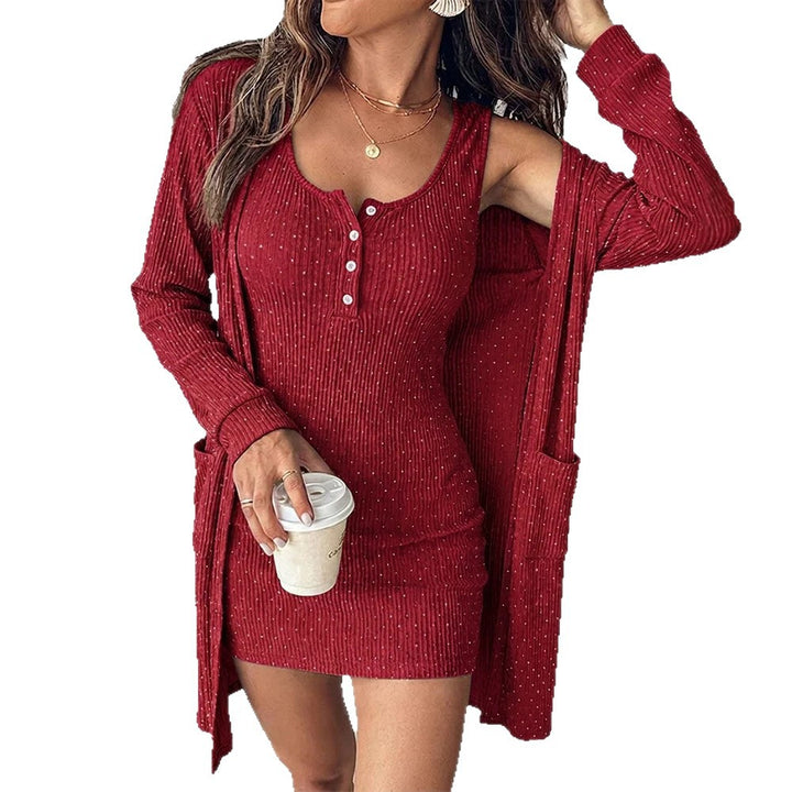 Damen Zweiteiliges geripptes Strickkleid-Set mit Henley-Top und Longcardigan Drune