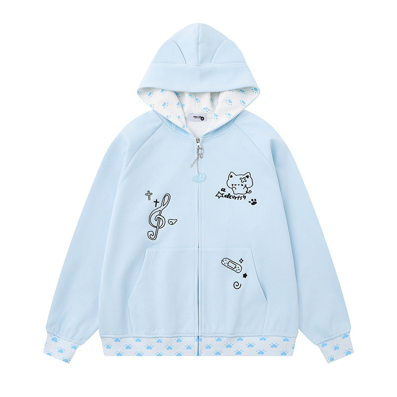 Damen Kapuzenjacke mit Reißverschluss im Casual‑Kawaii‑Stil, Kontrastkapuze, Comic‑Prints und Rippbündchen Drune