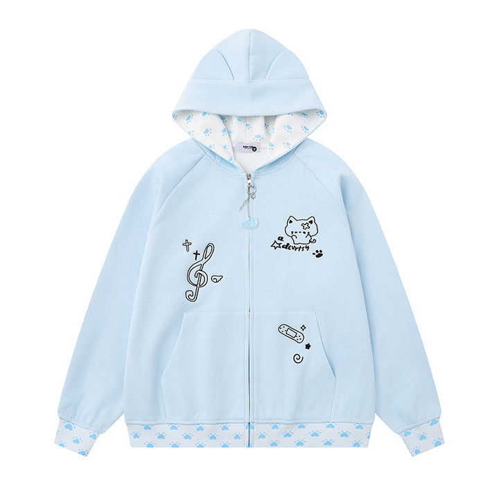 Damen Kapuzenjacke mit Reißverschluss im Casual‑Kawaii‑Stil, Kontrastkapuze, Comic‑Prints und Rippbündchen Drune